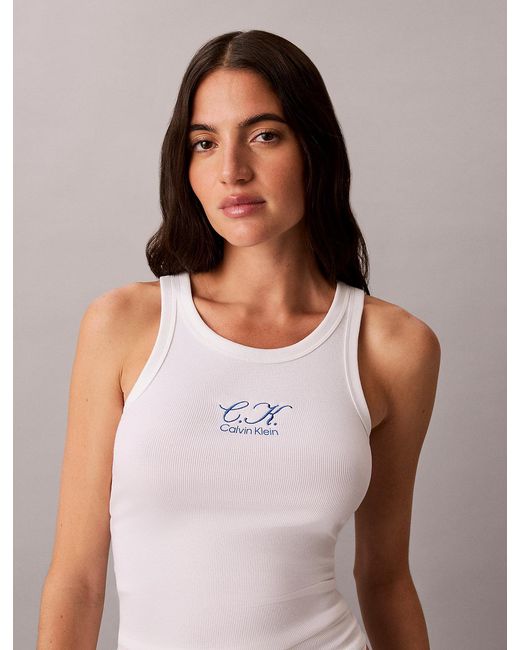 Calvin Klein White Embroidered Ck Logo Rib Tank Top