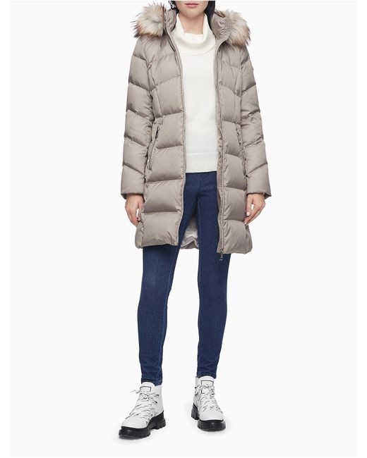 Calvin Klein Multicolor Faux Fur Hood Down Blend Longline Puffer Coat