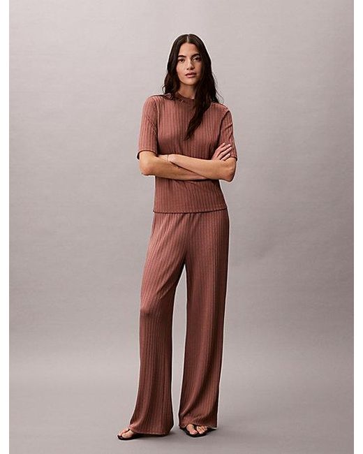 Calvin Klein Brown Shiny Ribbed Pull On Trousers