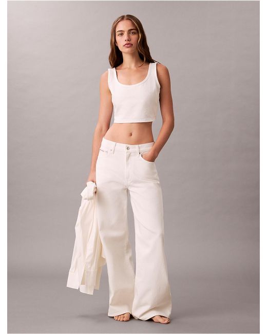 Calvin Klein White Denim Allover Monogram Cropped Tank Top