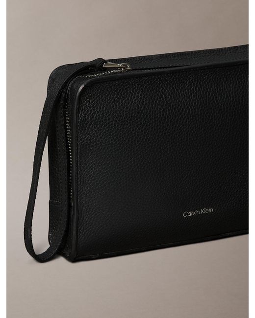 Calvin Klein Black Small Full-Grain Leather Logo Wash Bag for men