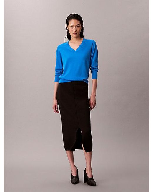 Calvin Klein Blue Merino Wool V Neck Jumper