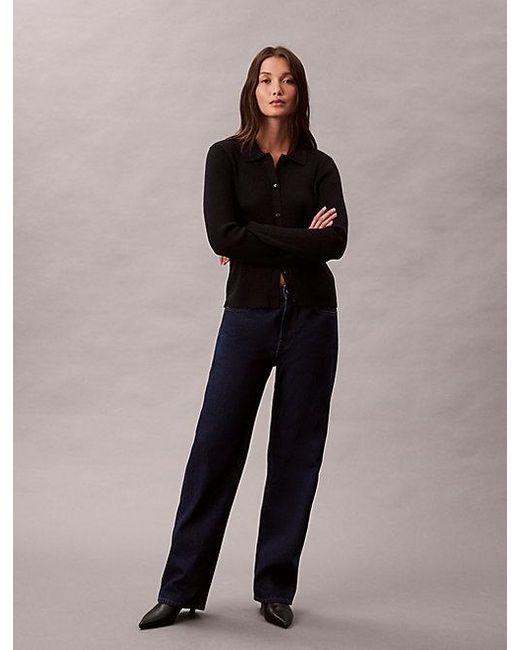 Calvin Klein Blue Jeans Wool Blend Rib Collared Cardigan