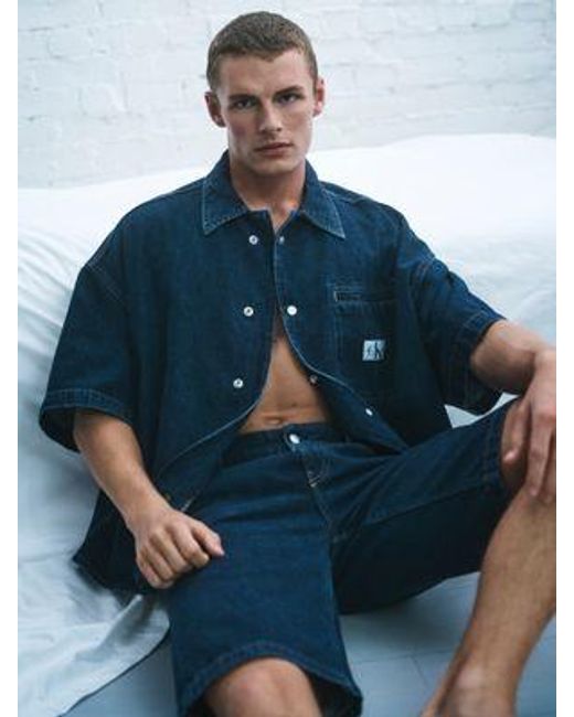 Calvin Klein Denim Overhemd Met Korte Mouwen in het Blue voor heren