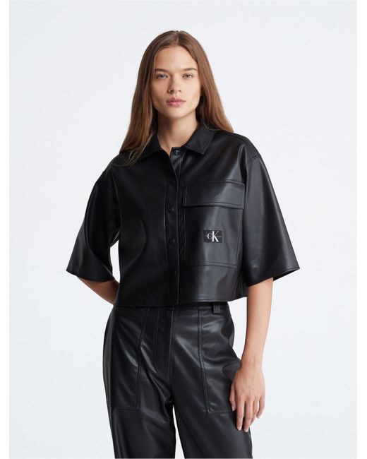 Calvin Klein Black Boxy Cropped Faux Leather Button-down Shirt