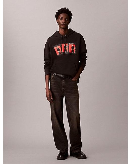 Calvin Klein Black Kate Moss Fleece Graphic Relaxed Hoodie for men