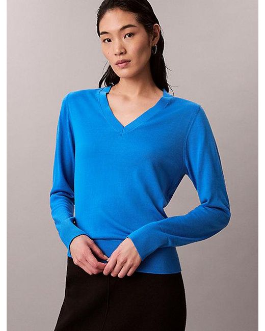 Calvin Klein Blue Merino Wool V Neck Jumper