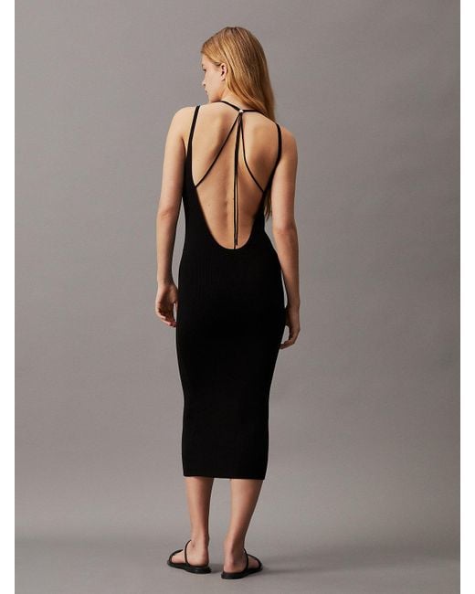 Calvin Klein Black Slim Ribbed Tie Back Midi Dress