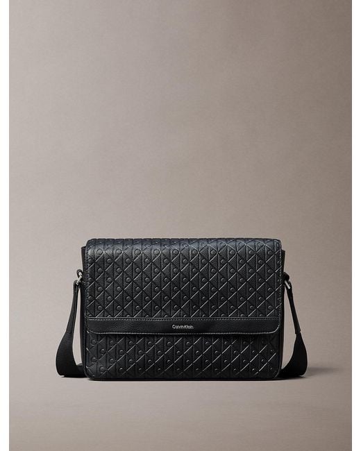 Calvin Klein Gray Embossed Emblem Logo Flap Messenger Bag for men