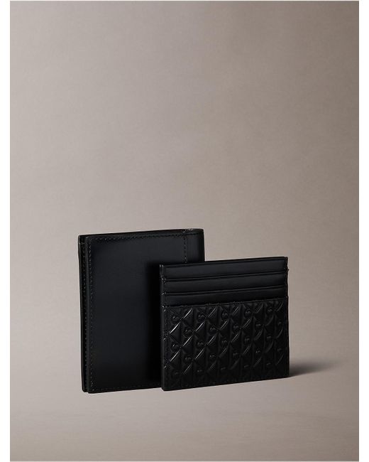 Calvin Klein Gray Bifold Wallet And Embossed Monogram Logo Card Case Set for men