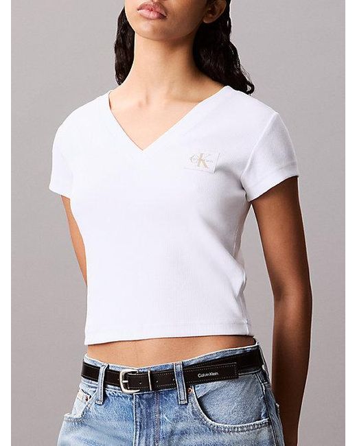 Calvin Klein Geribbeld Katoenen T-Shirt Met V-Hals in het White