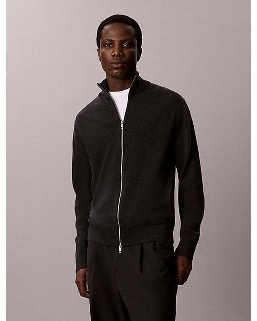 Calvin Klein Black Merino Wool Zip Up Cardigan for men