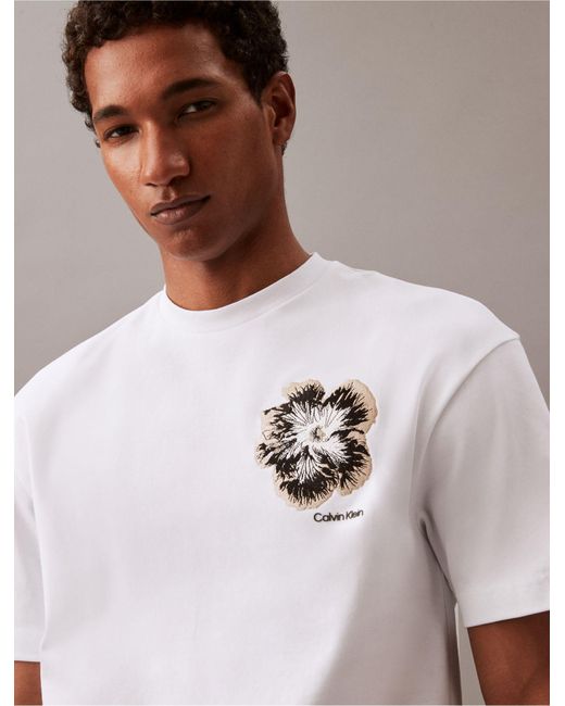 Calvin Klein White Embroidered Night Flower Classic Crewneck T-shirt for men