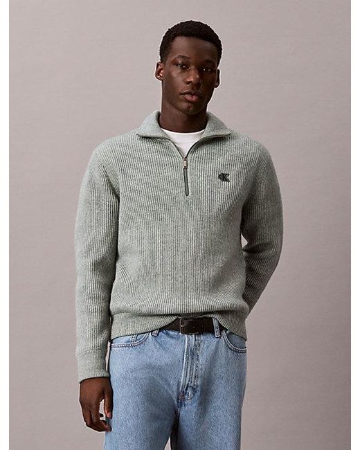 Calvin Klein Gray Jeans Wool Blend Zip Neck Jumper for men