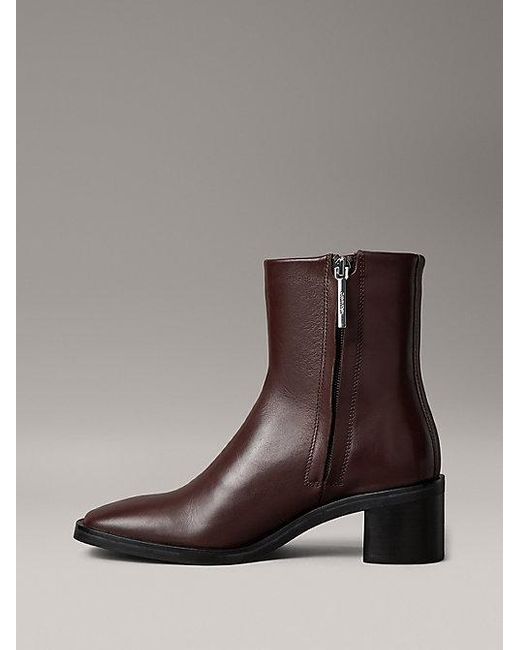 Calvin Klein Brown Kniehohe Ankle Boots Aus Leder Mit Quadratischem Zehenbereich Und Reißverschluss