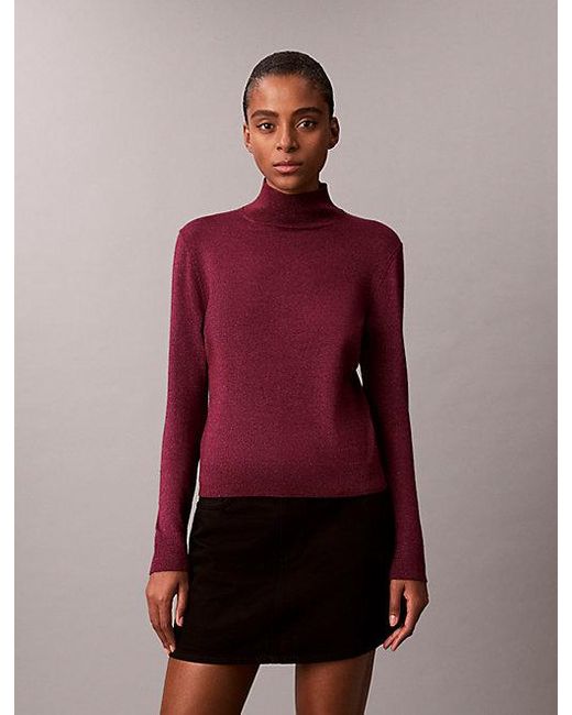 Calvin Klein Purple Merino Wool Blend Lurex Turtleneck Jumper