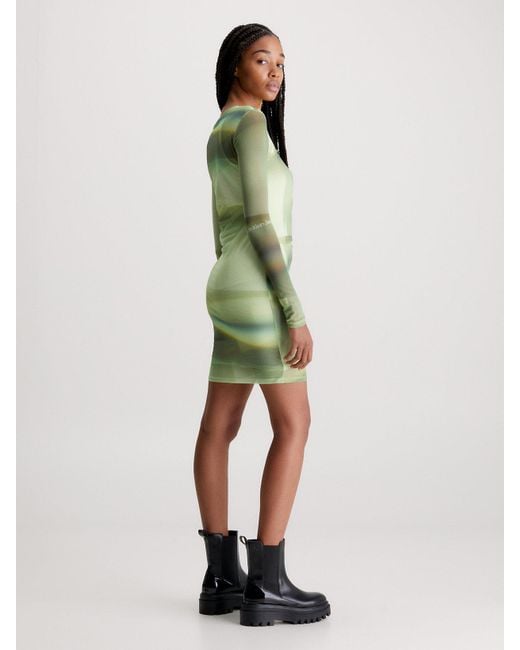 Calvin Klein Double Layer Mesh Printed Dress in Green