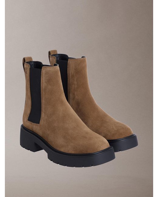 Calvin Klein Brown Suede Chunky Square Toe Chelsea Boots