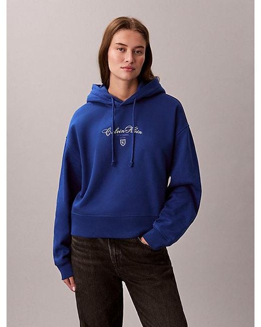 Calvin Klein Blue Jeans Fleece Script Logo Graphic Cropped Hoodie