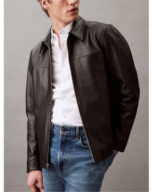 Calvin Klein Gray Full-zip Leather Jacket for men