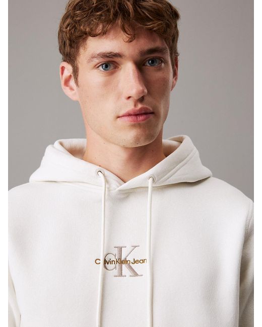 Calvin Klein White Fleece Monogram Hoodie for men