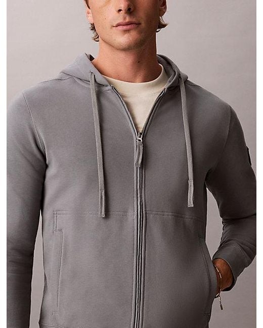Calvin Klein Gray Jeans Cotton Terry Badge Zip Hoodie for men