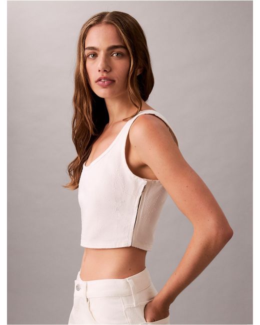 Calvin Klein White Denim Allover Monogram Cropped Tank Top