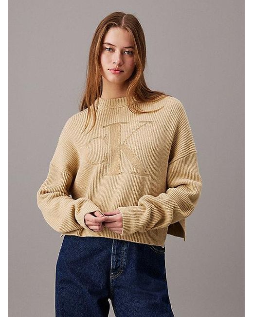 Calvin Klein Blue Monogramm-Pullover aus gerippter Baumwolle