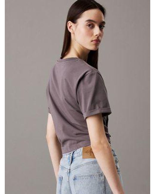 Camiseta con logo brillante cropped Calvin Klein de color Brown