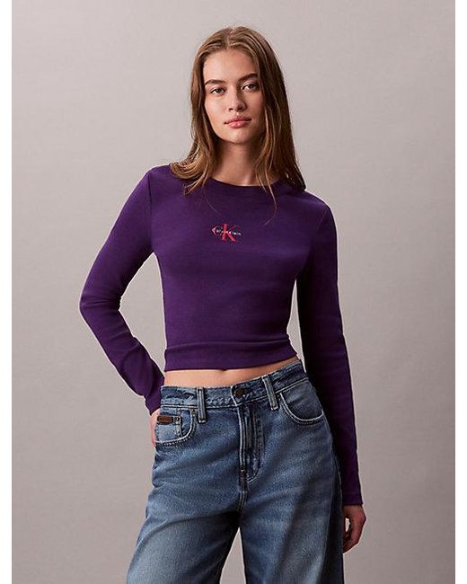 Calvin Klein Purple Jeans Monologo Long Sleeve Rib Baby Tee