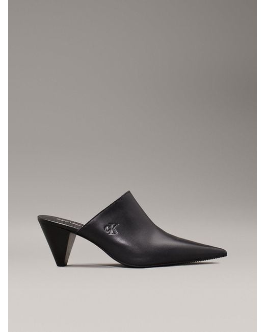 Calvin Klein Gray Leather Cone Heel Mules