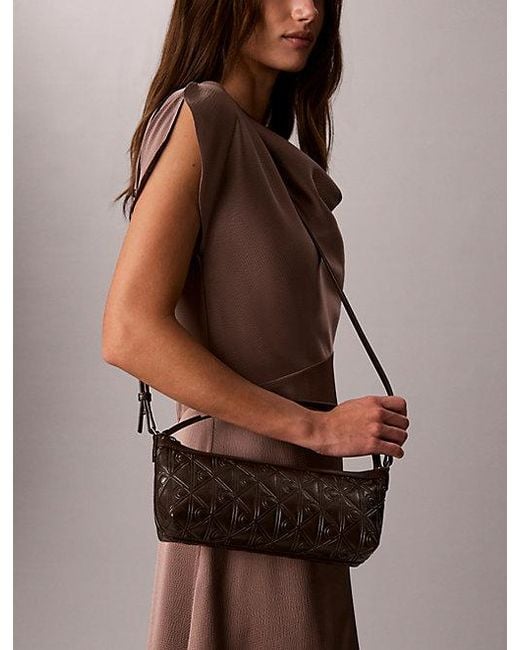 Calvin Klein Brown Debossed Allover Emblem Logo Long Shoulder Bag
