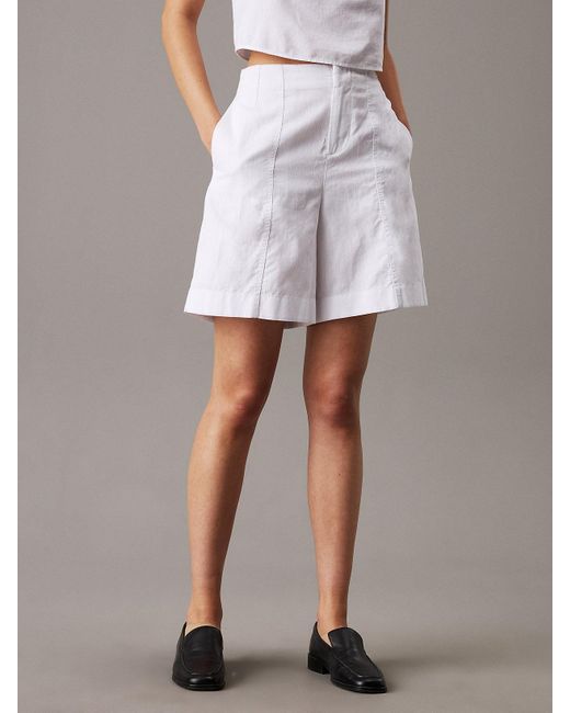 Calvin Klein White Cotton Linen Twill Shorts