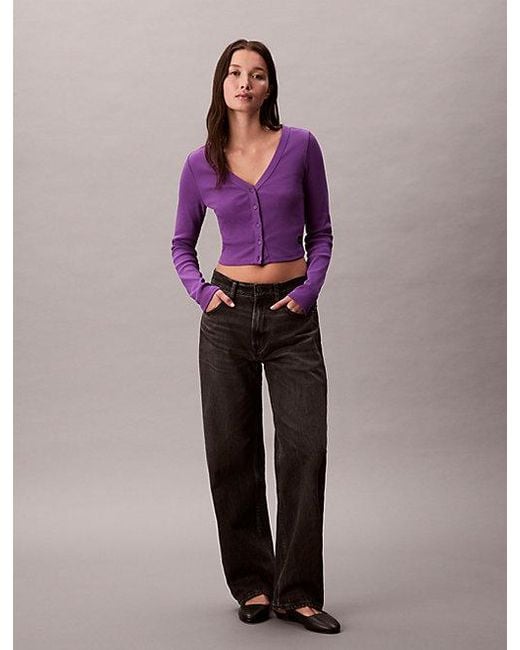 Calvin Klein Purple Jeans Cropped Ribbed Cotton Cardigan