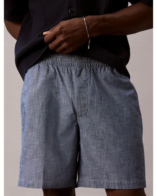 Calvin Klein Blue Cotton Chambray Drawstring Shorts for men