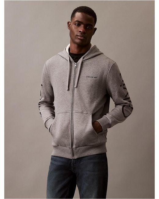 Calvin Klein Brown Calvin Klein Fleece Vertical Logo Classic Zip Hoodie for men