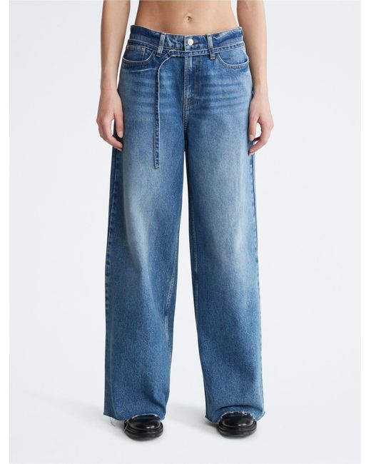 Calvin Klein Blue High Rise Wide Leg Fit Belted Jeans
