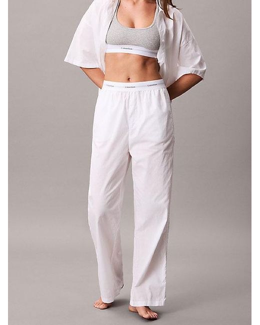 Calvin Klein White Logo-Pyjama-Hose Aus Baumwoll-Popeline