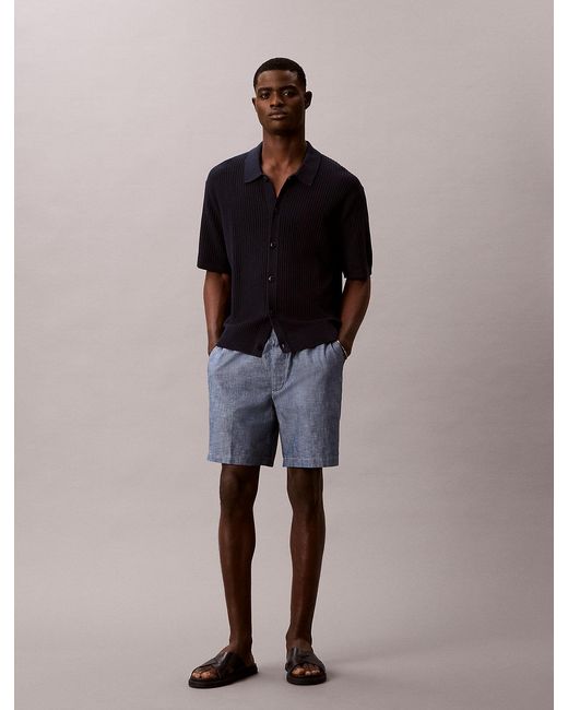 Calvin Klein Blue Cotton Chambray Drawstring Shorts for men