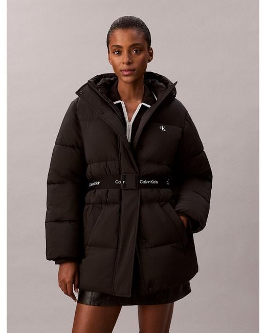 Calvin Klein Brown Logo Belt Hooded Puffer Jacket