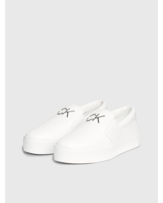 Calvin Klein White Leather Platform Slip-on Shoes