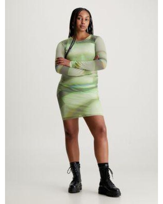 Calvin Klein Green Doppellagiges Mesh-Kleid mit Print