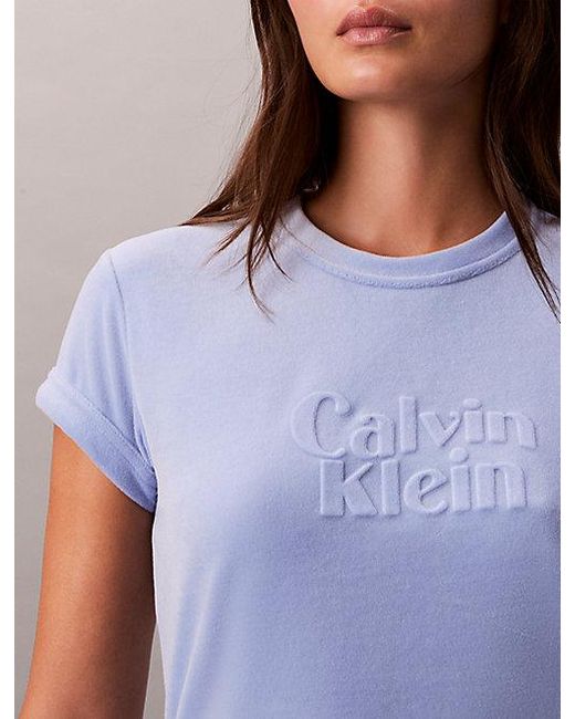 Calvin Klein Blue Jeans Velour Embossed Logo Graphic Slim T-Shirt