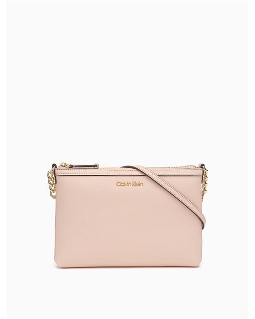 Calvin Klein Pink Saffiano Leather Shoulder Zip Bag