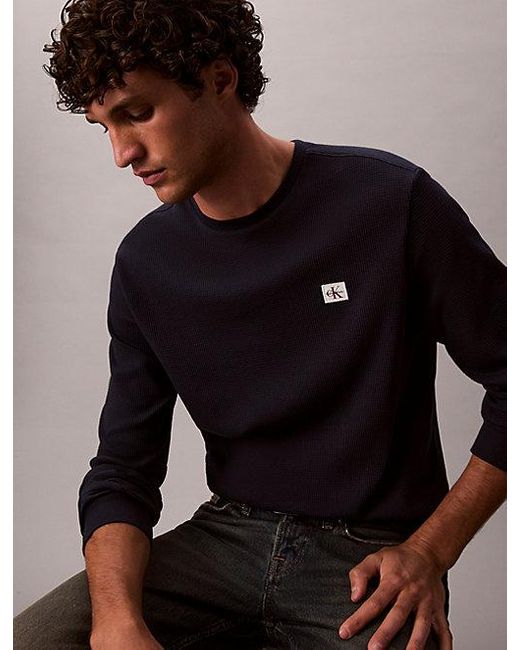 Calvin Klein Wafel-T-Shirt Met Lange Mouwen in het Blue voor heren