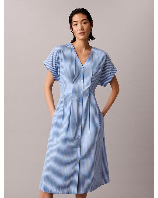 Calvin Klein Blue Cotton Poplin Button-Down Shirt Dress