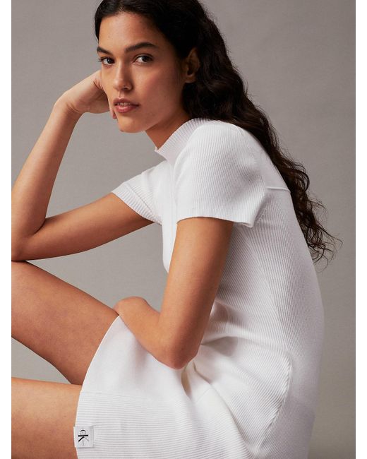 Calvin Klein White Slim Ribbed Cotton Jumper Dress