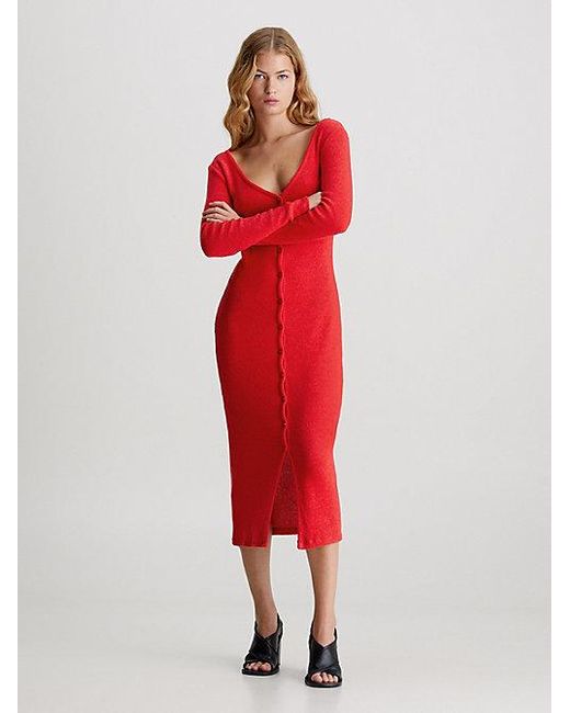 Calvin Klein Gebreide Maxi-jurk Met Lange Mouwen in het Red