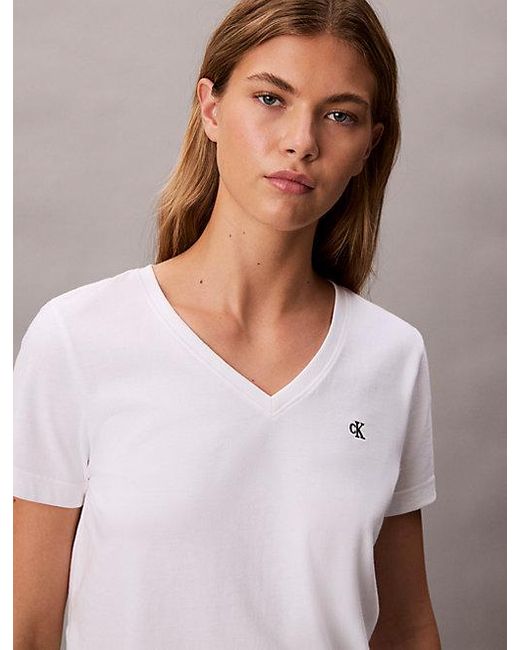 Calvin Klein White Jeans Relaxed Monogram V Neck T-Shirt