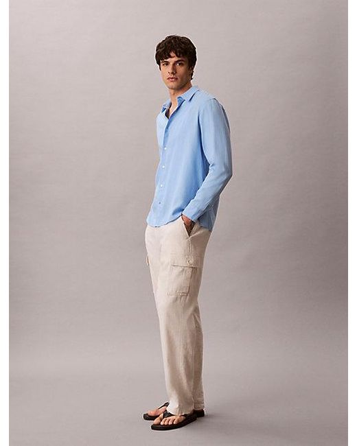 Calvin Klein Blue Solid Linen Blend Classic Shirt for men